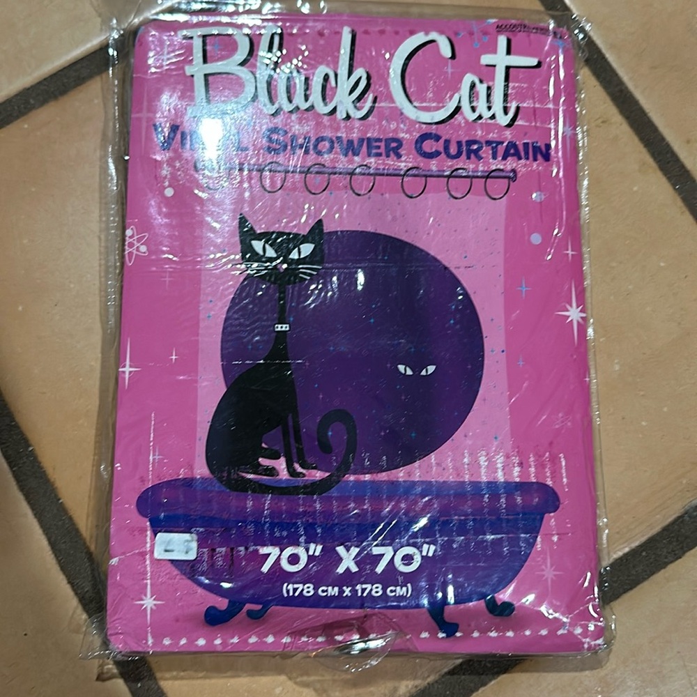 Vintage BLACK CAT Vinyl Shower Curtain Retro Funky WITCHY NEW IN PACKAGE 70”x70”